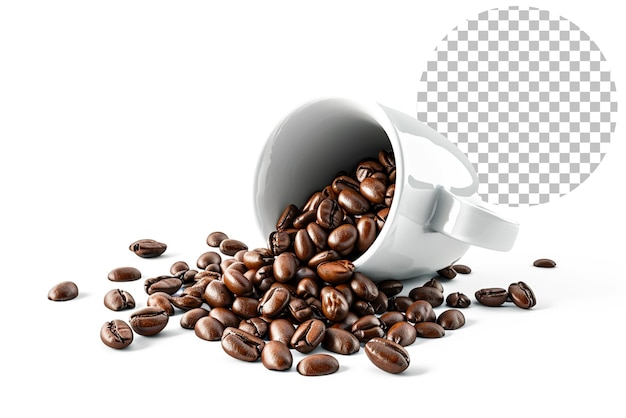 Gebraden koffiebonen uit een witte beker op een doorzichtige achtergrond