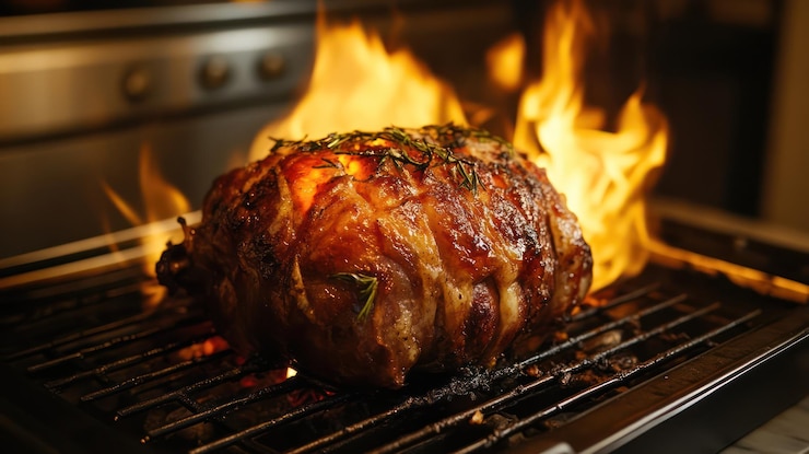 PSD gebraden rosemaryherb varkensvlees op een grill met vlammen