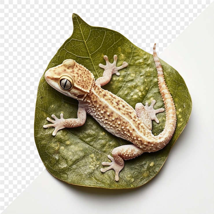 PSD a gecko with a green leaf that says gecko