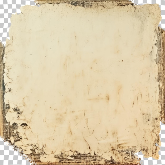Gedetailleerde close-up studio opname van een gekleurde en gekrabde vintage foto textuur geïsoleerd op een transparante achtergrond Voorbeeld van een leeg vuil frame met een antiek gevoel