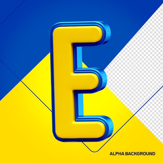 Geel alfabet met blauwe 3D-letter E
