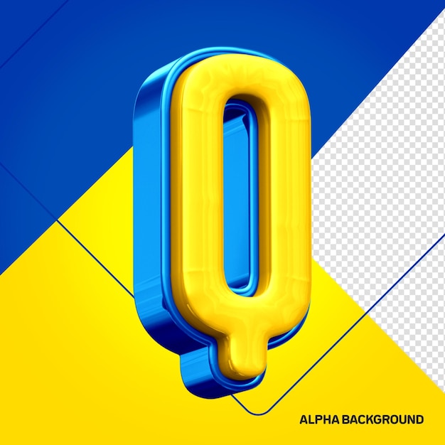 Geel alfabet met blauwe 3d-letter q