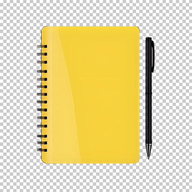 Geel notebook met een pen met een geïsoleerde transparante achtergrond