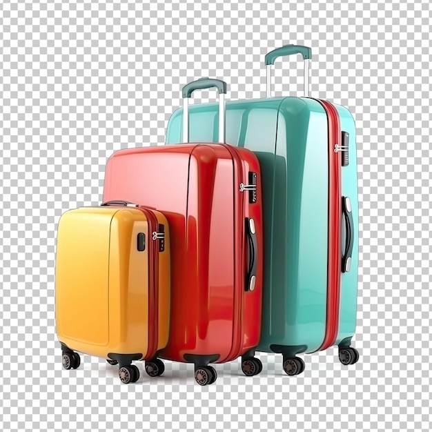 Geel rood turquoise koffers geïsoleerd op transparante achtergrond