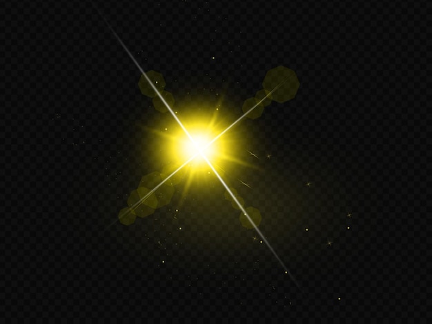 Geel sunburst lens flare-effect op een transparante achtergrond