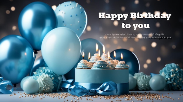 Gefeliciteerd met je verjaardag achtergrond met ballonnen confetti verjaardag hoed en verjaardagstaart in blauw