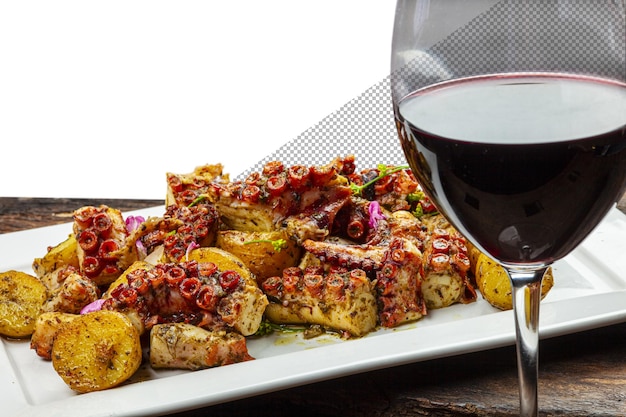 PSD gegrilde octopus met aardappel en glas rode wijn