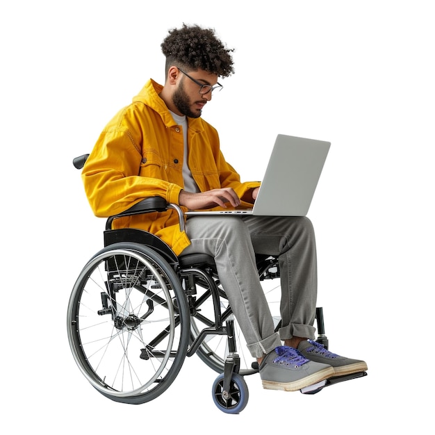 PSD gehandicapte persoon in casual kleding die met een laptop in een rolstoel zit