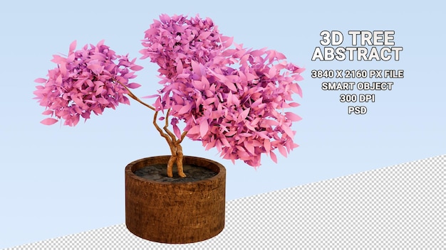 Geïsoleerd 3D-model van een ingemaakte boom met abstracte roze bladeren op een transparante background