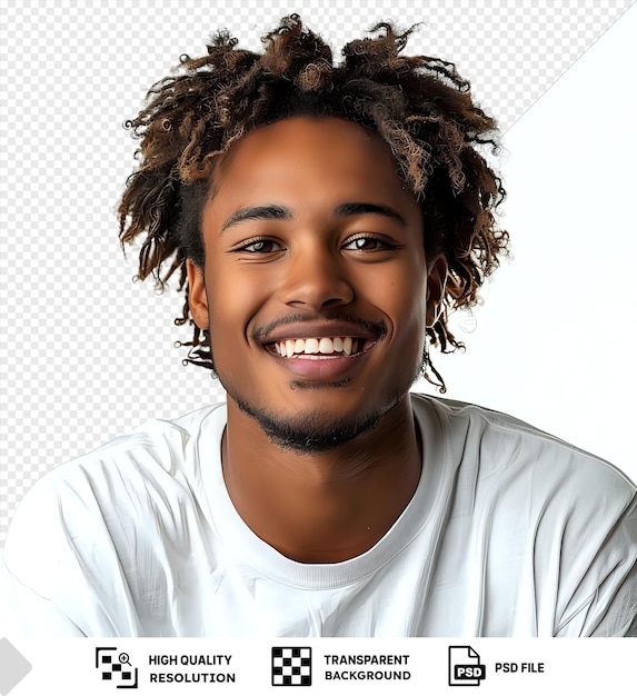 Geïsoleerd portret mockup van een knappe en glimlachende jonge man met krullend haar bruine ogen een grote neus en witte tanden draagt een wit shirt en toont zijn kleine oor