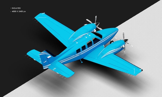 Geïsoleerd realistisch glanzend blauw twin propeller dual engine vliegtuig van rechtsboven achteraanzicht