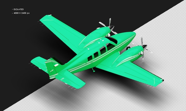 Geïsoleerd realistisch glanzend groen twin propeller dual engine vliegtuig van rechtsboven achteraanzicht