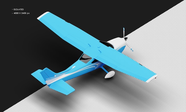 Geïsoleerd realistisch matblauw eenmotorig propellerlicht vliegtuig van rechtsboven achteraanzicht