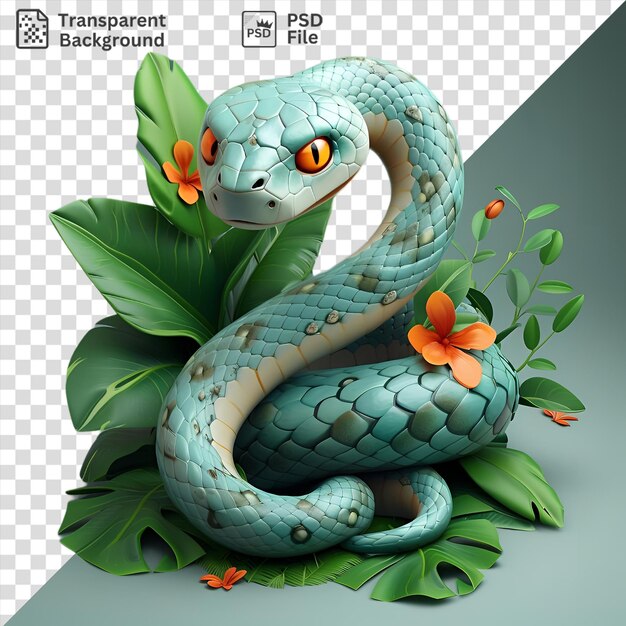 Geïsoleerde 3d cartoon anaconda rond een bladrijke plant