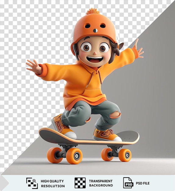 Geïsoleerde 3d skateboarder cartoon spijker een zwaartekracht trotseert truc op een hout en oranje skateboard met oranje wielen het dragen van een oranje helm en grijze broek met een opgeheven hand en