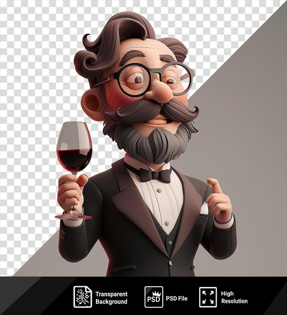 Geïsoleerde achtergrond 3d sommelier wijn proeven met een glas rode wijn draagt een zwarte strik en zwarte bril met een bruin gezicht en haar en een hand zichtbaar op de voorgrond png psd