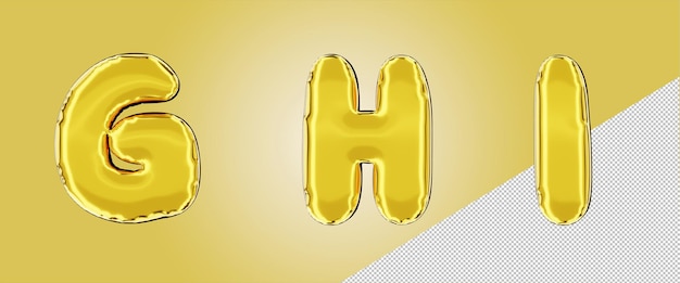 PSD geïsoleerde ballon folie alfabet in goud kleur hoofdletter ghi
