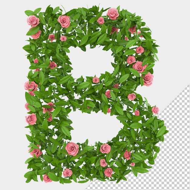 Geïsoleerde groene bladeren en rozen 3d letter b