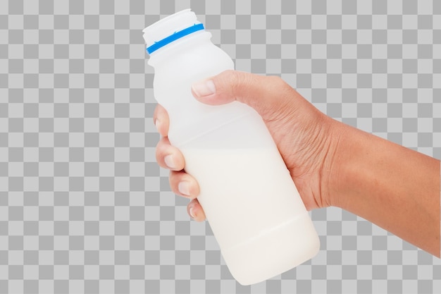 Geïsoleerde hand met fles melk