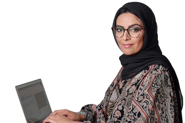 Geïsoleerde jonge Arabische vrouw met een bril die aan een laptop werkt tegen een doorzichtige achtergrond
