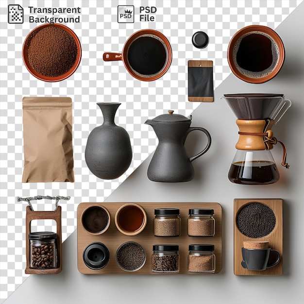 PSD geïsoleerde koffiebrouwerij op een geïsoleerd achtergrond met een bruine beker zwarte en bruine koffie en een bruine zak