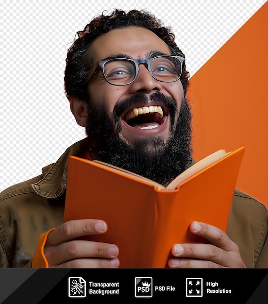 PSD geïsoleerde lachende man die naar een onzichtbaar grapboek kijkt png