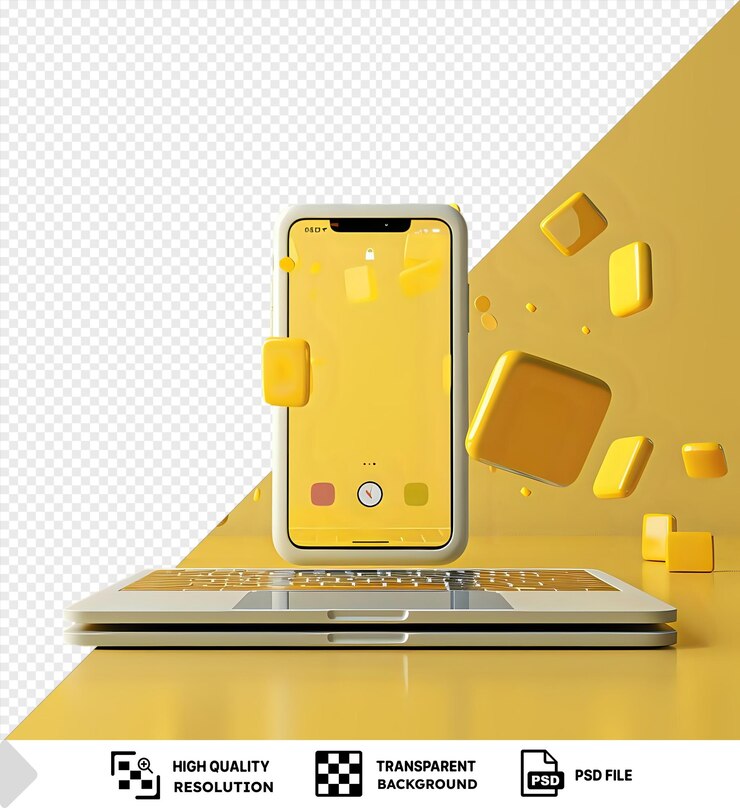 PSD geïsoleerde mockup van linkedin-icons die rondvliegen op een laptop en smartphone op een gele tafel met een zilveren en grijs toetsenbord op de voorgrond en een gele muur op de achtergrond png