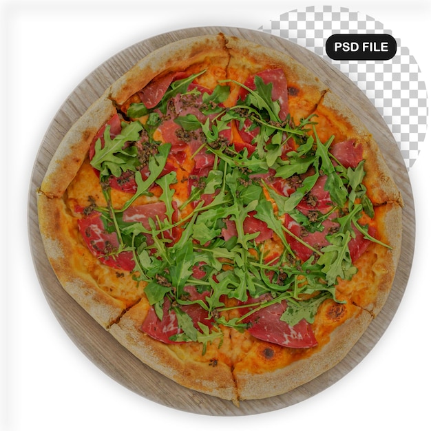 Geïsoleerde Pizza 3D-realistische render. Heerlijke Pizza Op Houten Plaat Geïsoleerd Op Een Witte Achtergrond