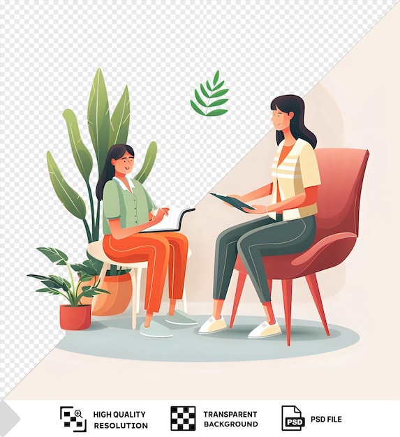geïsoleerde psycholoog die naar een cliënt gaat en aantekeningen maakt terwijl hij op een rode stoel zit voor een witte muur omringd door een groene plant en een oranje pot met een vrouw met een lange zwarte png