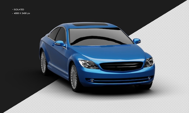 Geïsoleerde realistische blauwe metallic luxe stadssedan auto vanuit de rechter voorhoekweergave