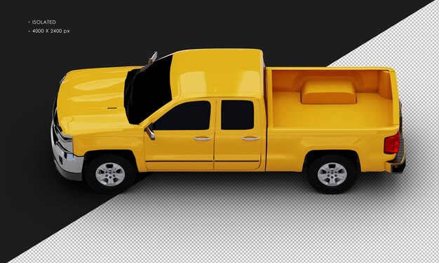 Geïsoleerde realistische gele pick-up met dubbele cabine vanuit linkerbovenaanzicht