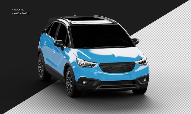 Geïsoleerde realistische glanzende blauwe moderne sport suv stadsauto vanuit rechtsvooraanzicht