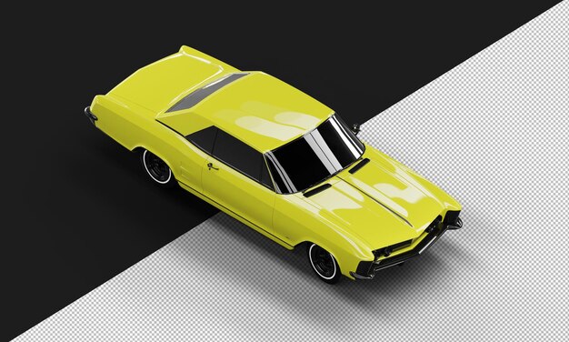 Geïsoleerde realistische glanzende gele klassieke elegante sedanwagen van rechtsboven vooraanzicht