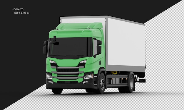 Geïsoleerde realistische glanzende groene big box transit truck van links voorkant hoek view