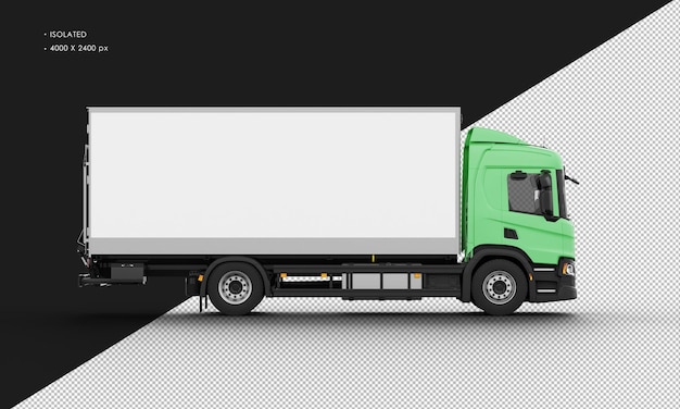 PSD geïsoleerde realistische glanzende groene big box transit truck van rechts zijaanzicht