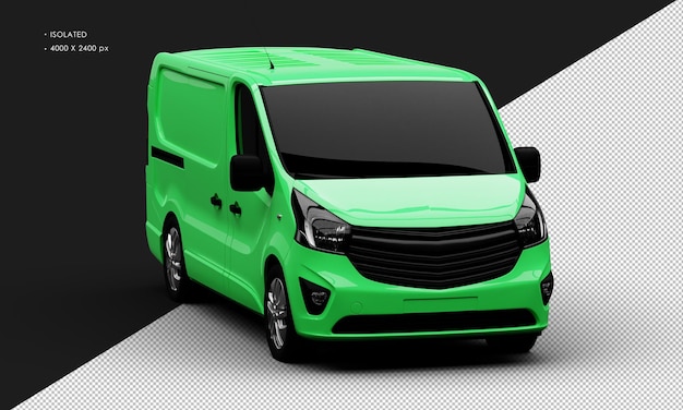Geïsoleerde realistische glanzende groene commerciële transport blinde bestelwagen auto van rechtsvoor hoekmening