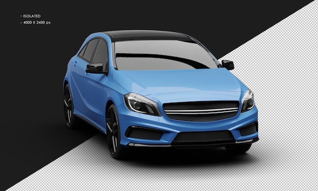 Geïsoleerde realistische glanzende metallic blauwe sport moderne elegante stadsauto vanuit de rechter voorhoekweergave