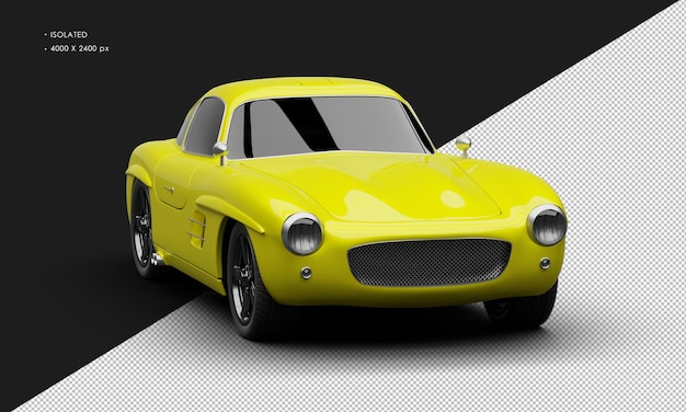 Geïsoleerde realistische glanzende metallic gele sport klassieke stadssedan auto vanuit de rechter voorhoekweergave
