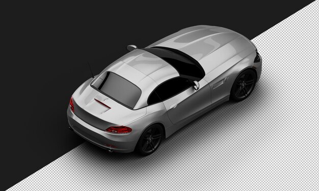 PSD geïsoleerde realistische glanzende metallic grijze elegante super sport stadsauto van rechtsboven achteraanzicht