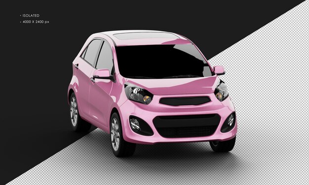 Geïsoleerde realistische glanzende metallic roze kleine mini-stadsauto vanuit de rechter voorhoekweergave