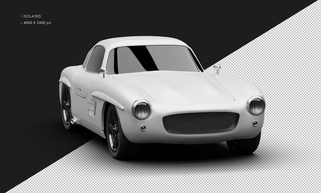 Geïsoleerde realistische glanzende metallic witte sport klassieke stadssedan auto vanuit de rechter voorhoekweergave