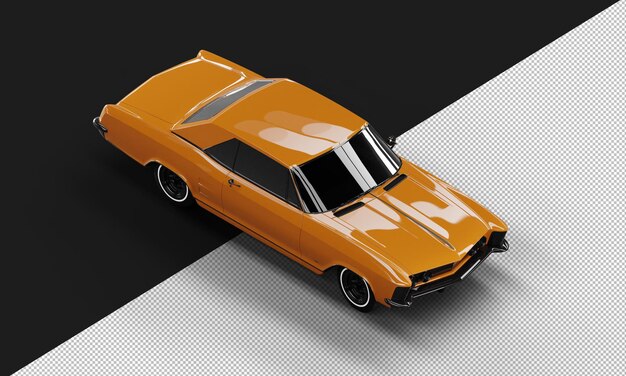 Geïsoleerde realistische glanzende oranje klassieke elegante sedan auto van rechtsboven vooraanzicht