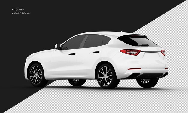 Geïsoleerde realistische glanzende witte moderne stadssport SUV auto van links achteraanzicht