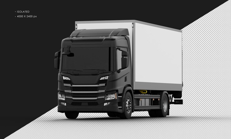 PSD geïsoleerde realistische glanzende zwarte big box-transportvrachtwagen van linksvooraanzicht