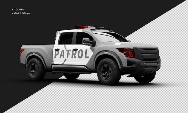 Geïsoleerde realistische mat grijze patrouille pick-up auto van rechts vooraanzicht