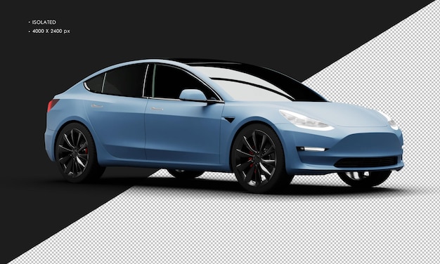Geïsoleerde realistische Matte Blue Electric Powered Performance Executive Car vanaf de rechter voorkant