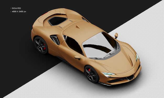 PSD geïsoleerde realistische matte brown mid engine hybrid sports supercar van boven rechts voorzijde