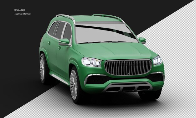 Geïsoleerde realistische matte groene turbo-motor ultieme luxe suv vanuit de rechter voorhoek