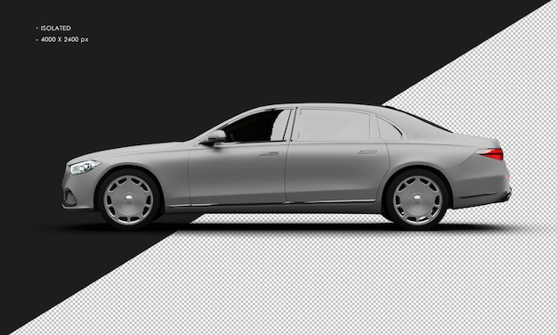 Geïsoleerde realistische matte zilvergrijze exclusieve full size luxe sedan vanuit de linkerkant