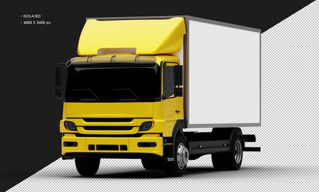 Geïsoleerde realistische metalen gele transportdoos vrachtwagen auto vanuit linker vooraanzicht hoek